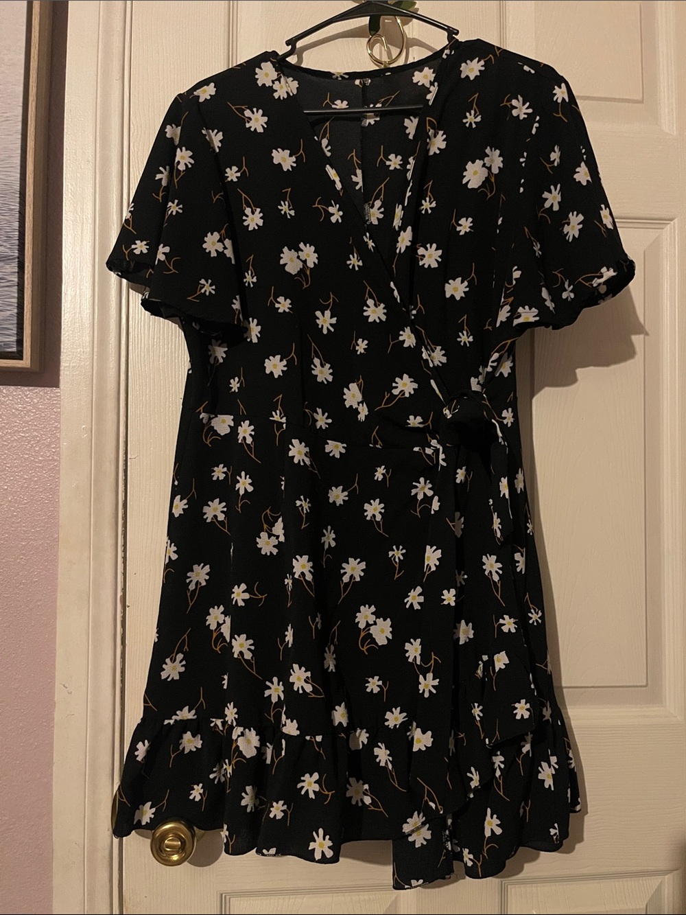 Black Floral Wrap Dress with Ruffle Hem
